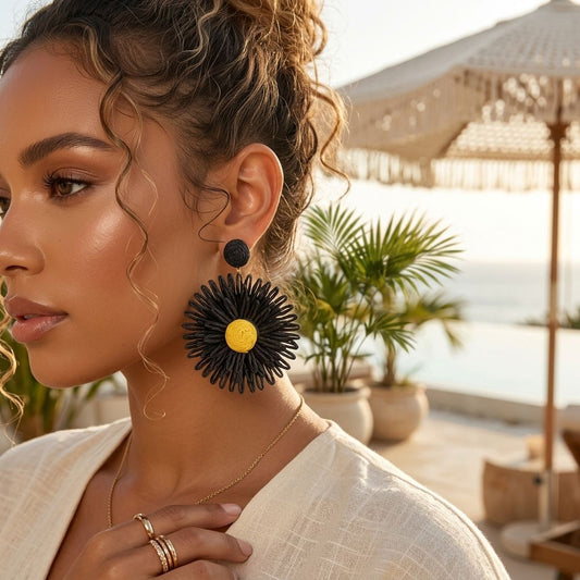 Looped Rich Black Raffia Sunflower Drop Earrings