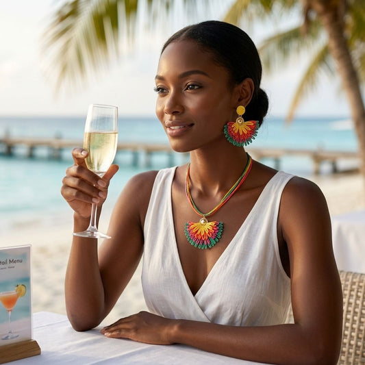 Multicolor Fanned Raffia Pendant Necklace Set