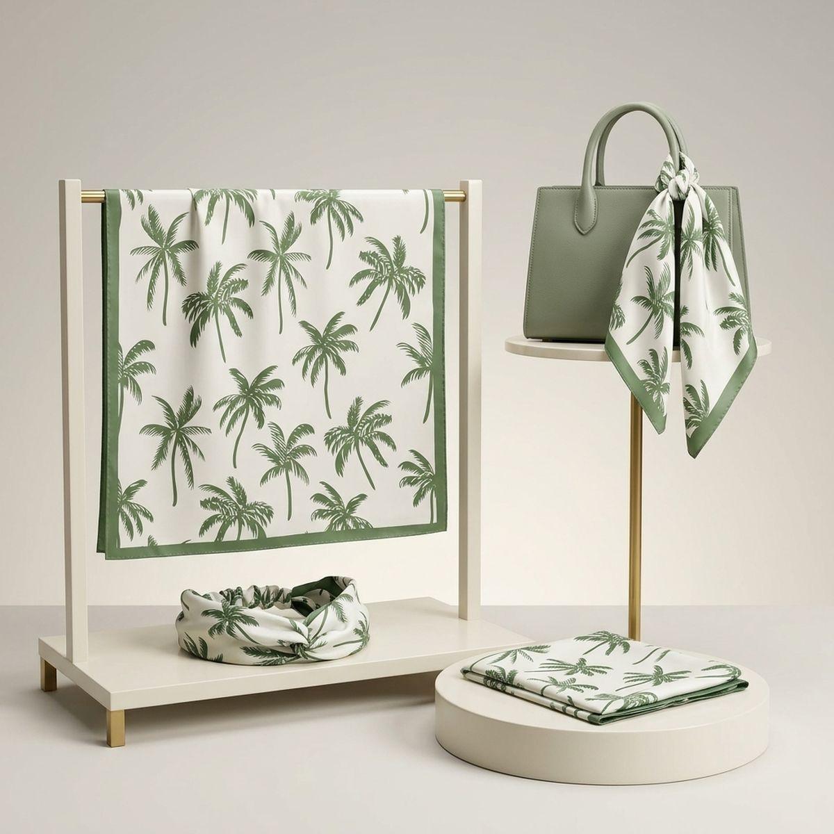 Silky Square Green Palm Tree Print Fashion Scarf