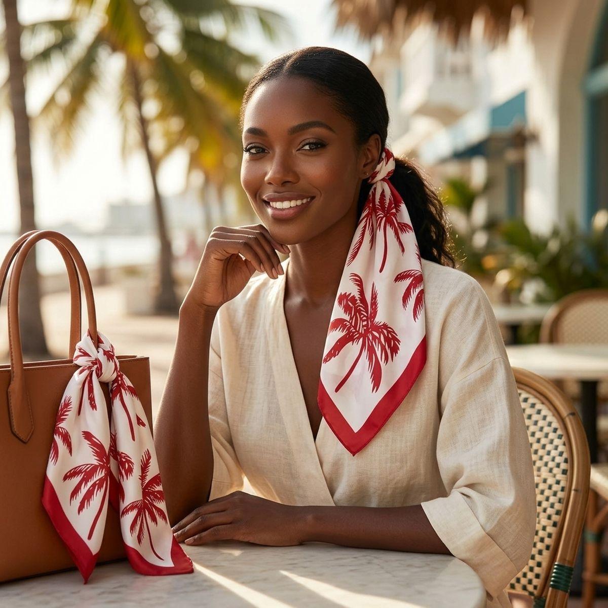 Silky Square Red Palm Tree Print Fashion Scarf