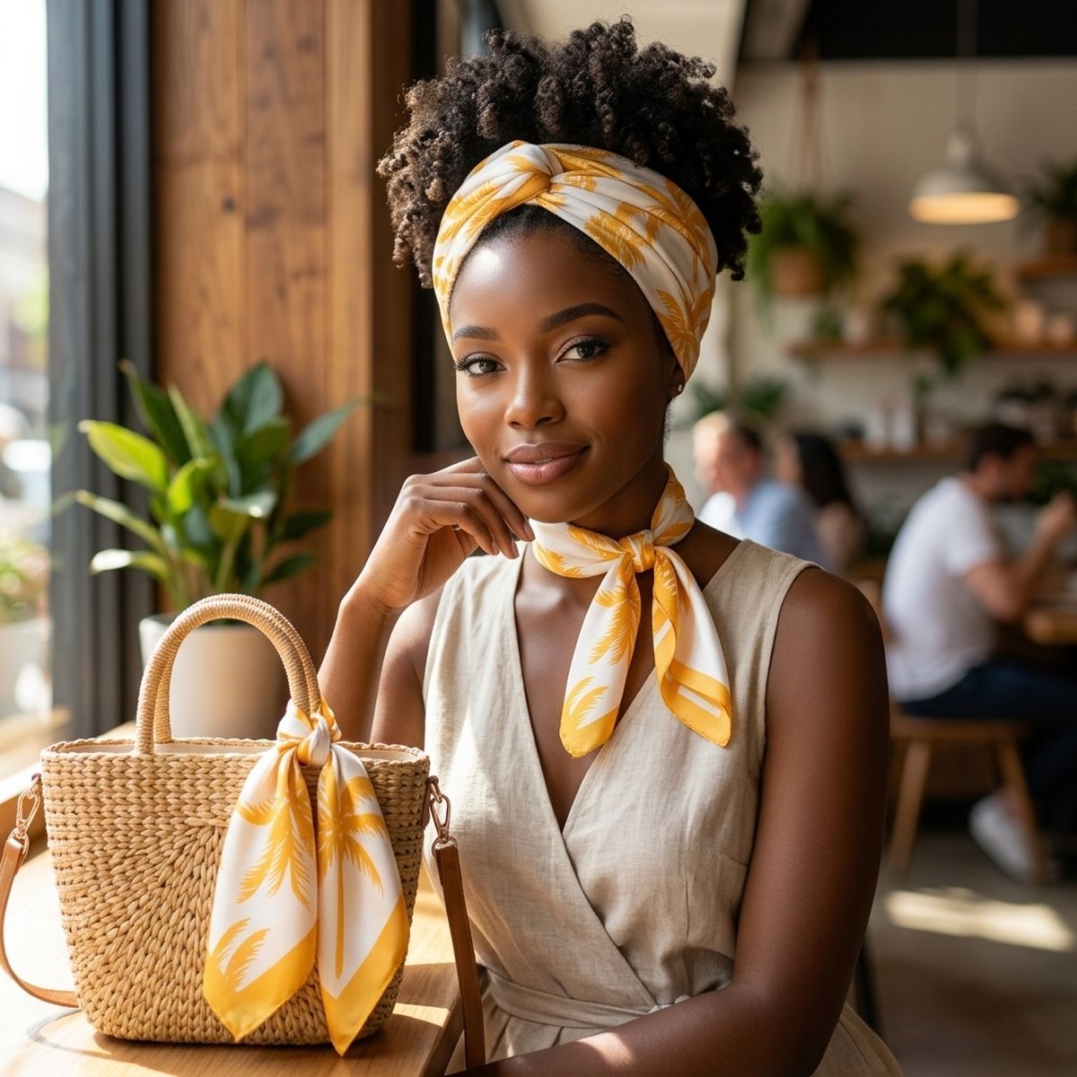 Silky Square Yellow Palm Tree Print Fashion Scarf