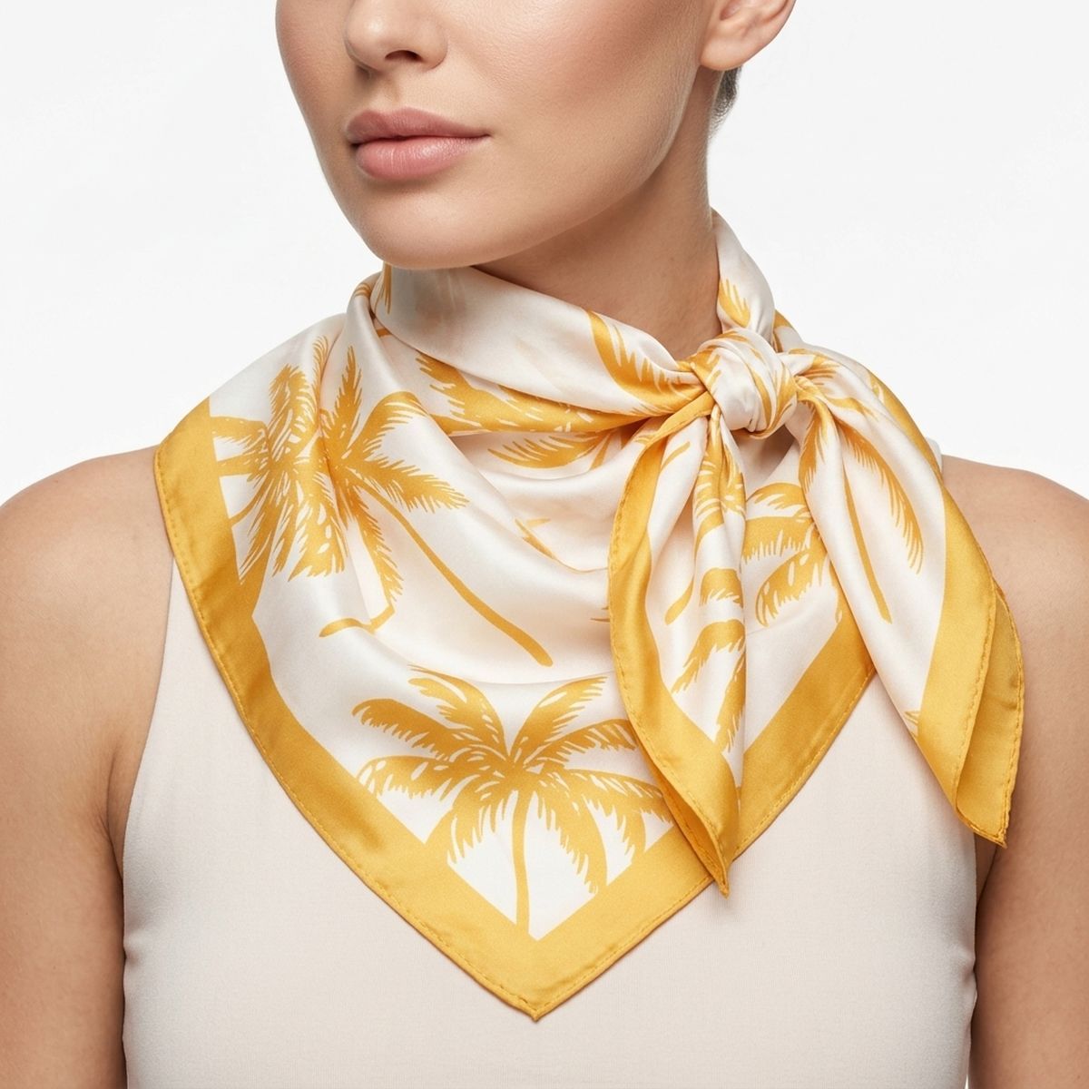 Silky Square Yellow Palm Tree Print Fashion Scarf