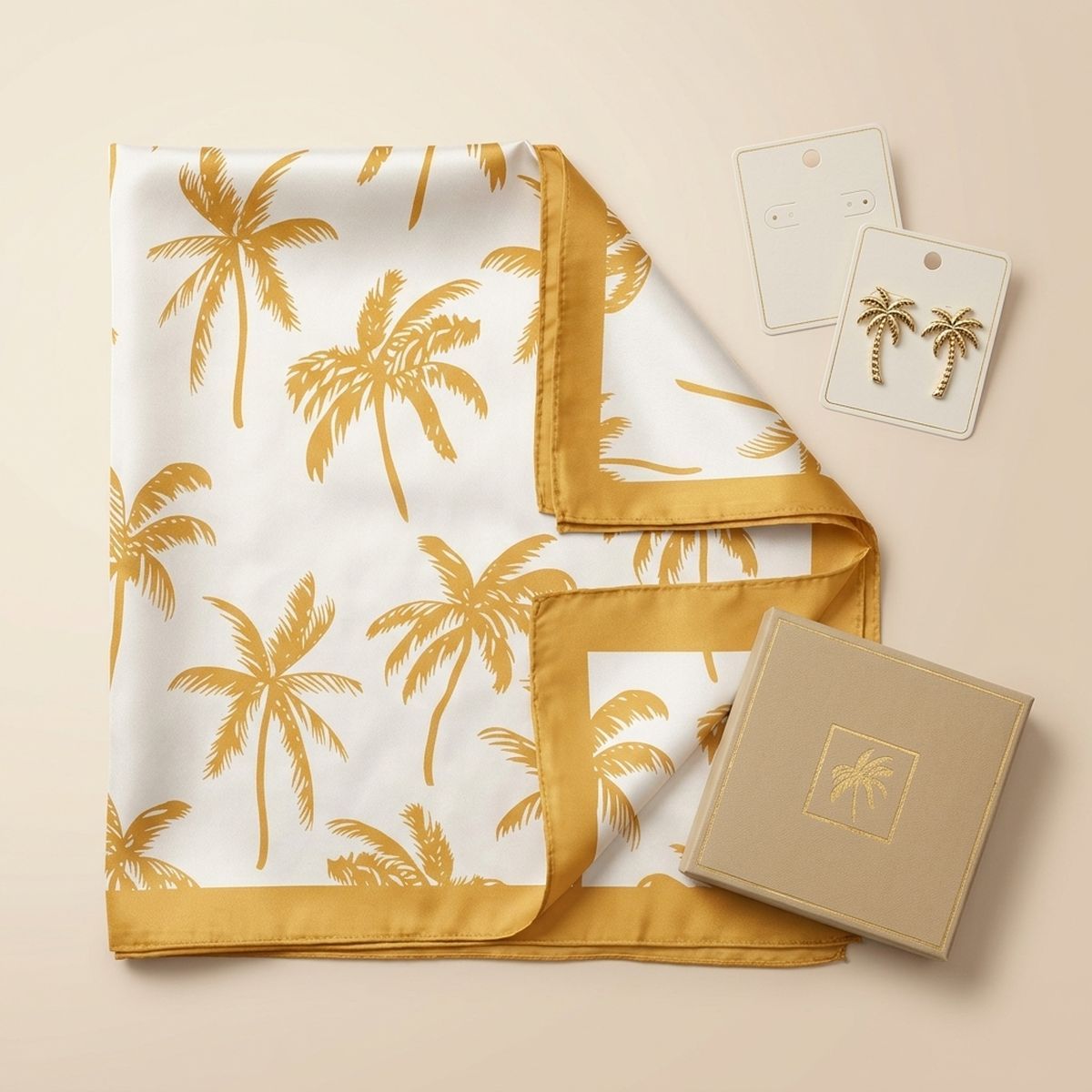 Silky Square Yellow Palm Tree Print Fashion Scarf
