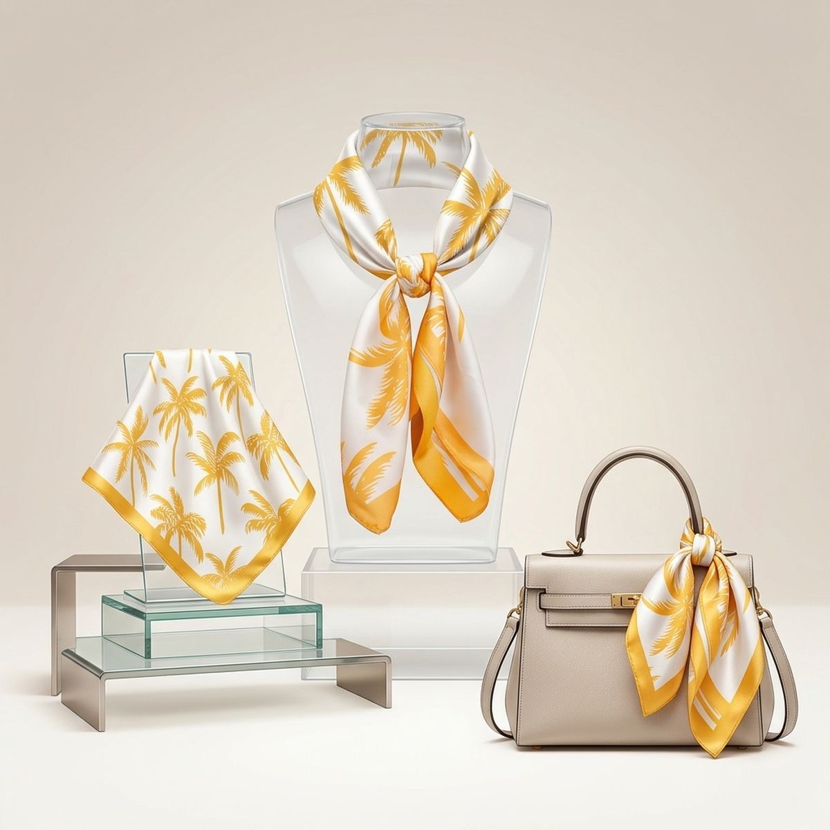Silky Square Yellow Palm Tree Print Fashion Scarf
