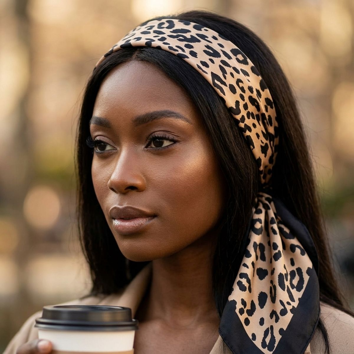 Silky Square Brown and Black Leopard Fashion Scarf
