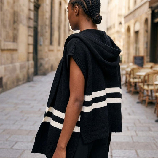 Black Hooded Knit Tied Shoulder Sweater