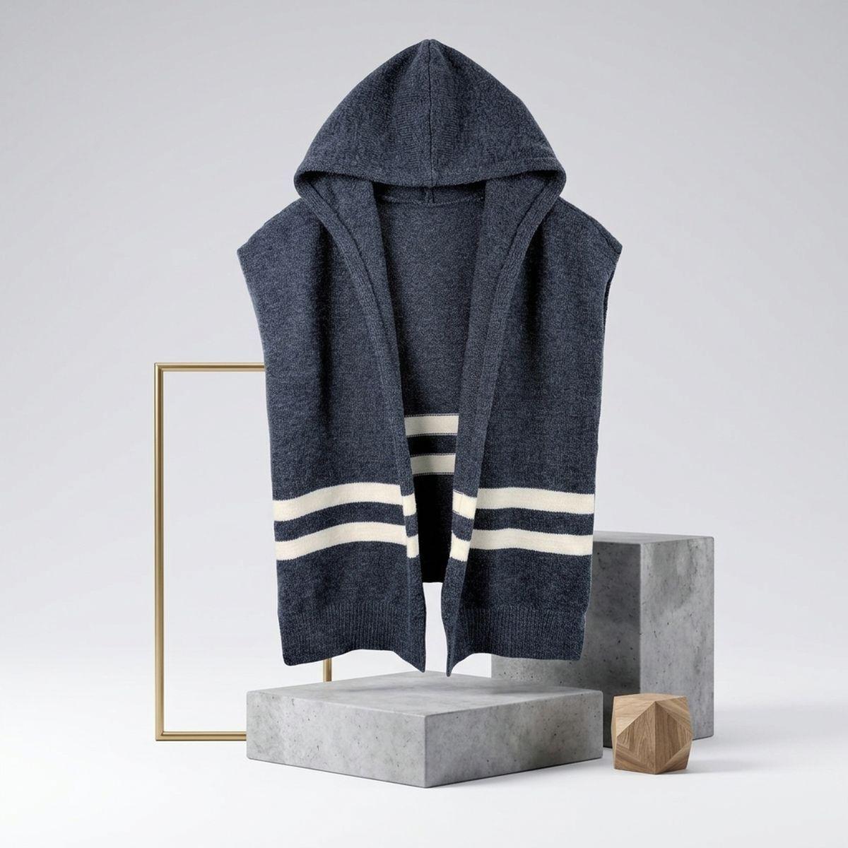 Blue Hooded Knit Tied Shoulder Sweater