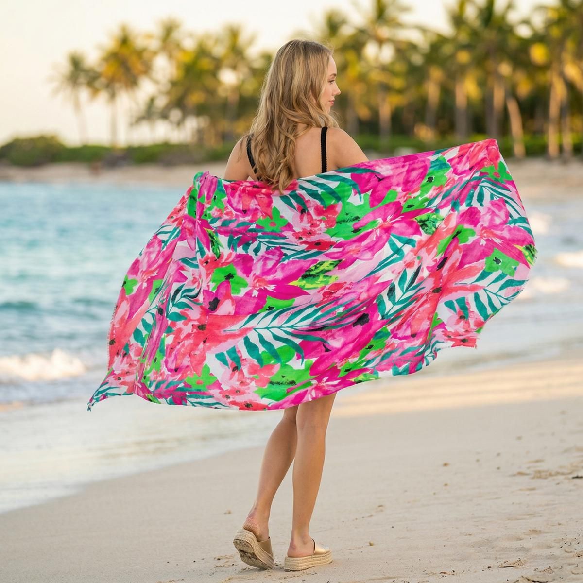 Long Pink Watercolor Floral Scarf |74.8 x 35.4