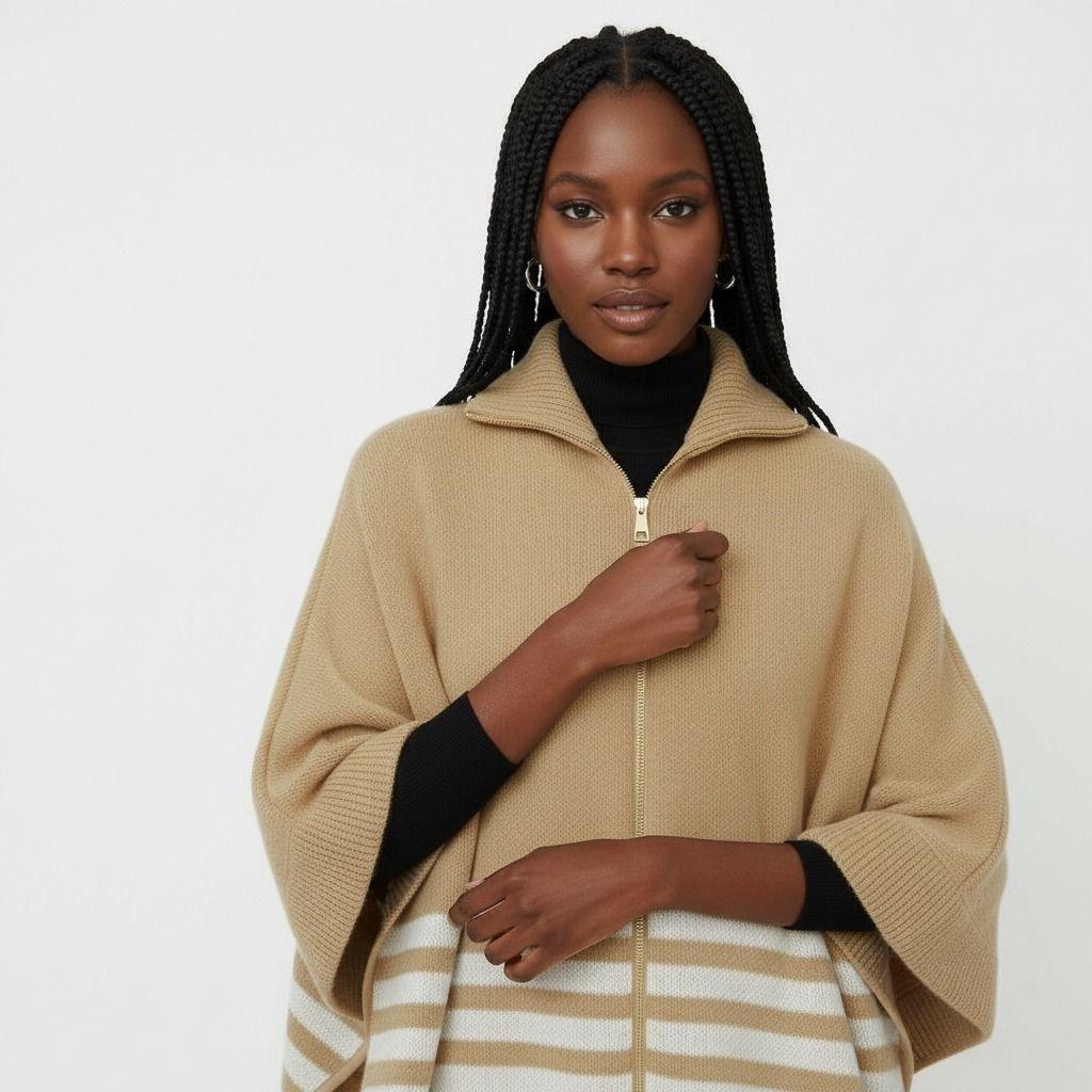 Camel Stripe Classy Zipper Kimono