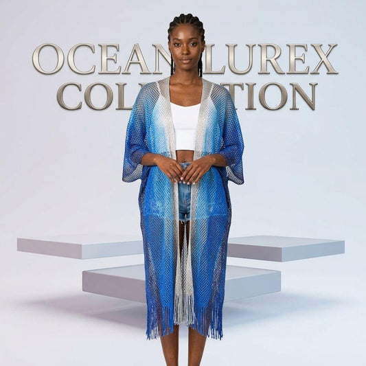 Kimono Lurex Stripe Blue Fringe for Women