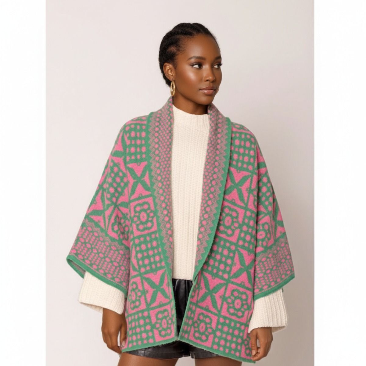 AKA Sorority Tile Print Knit Pink Green Cardigan