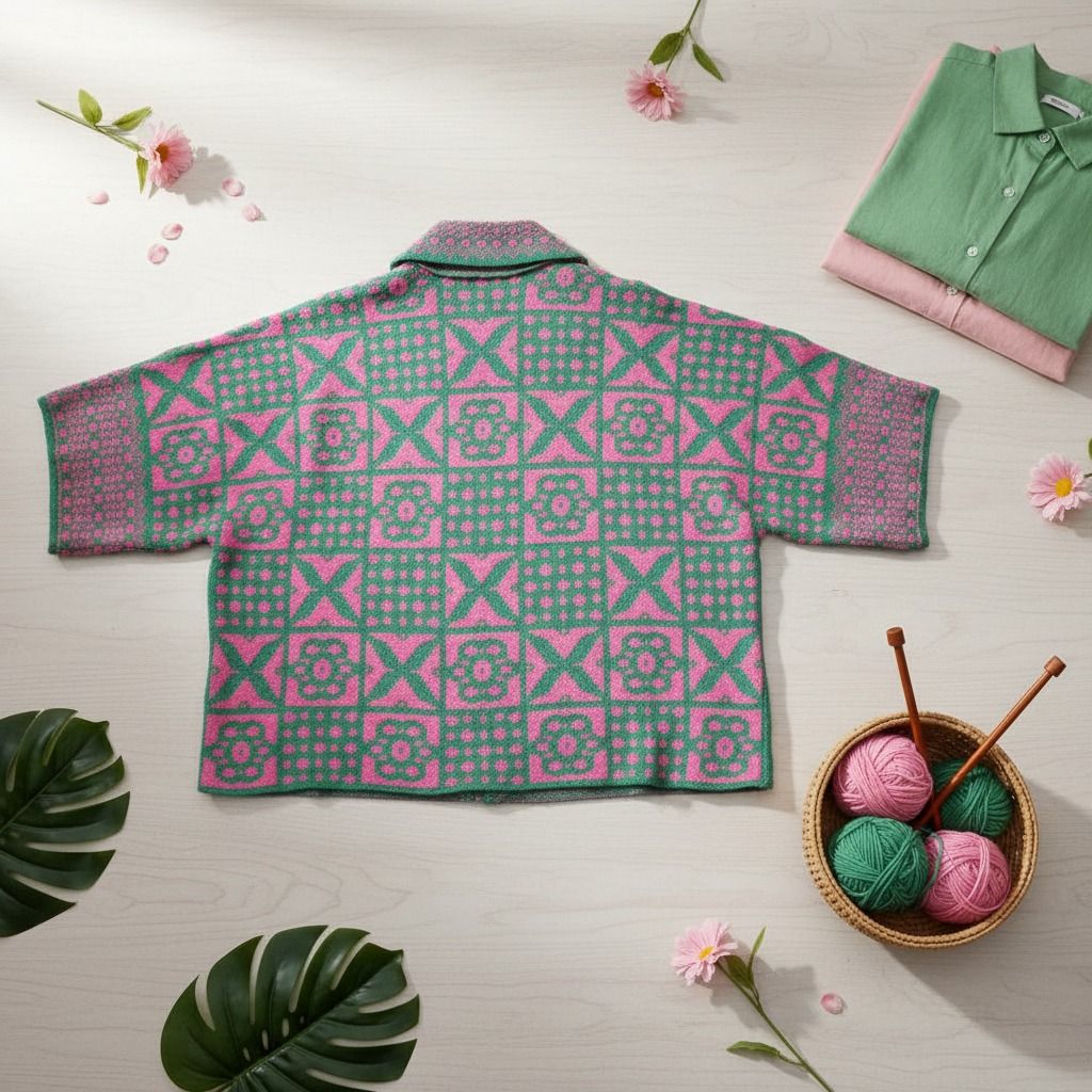 AKA Sorority Tile Print Knit Pink Green Cardigan