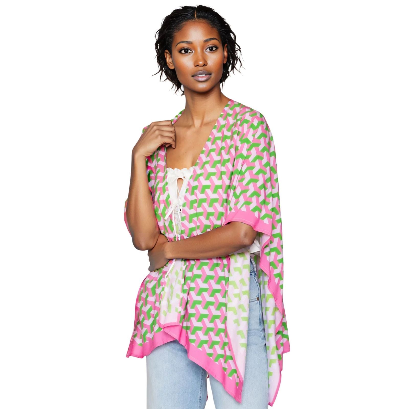Summer Kimono Pink Green Block Print Women