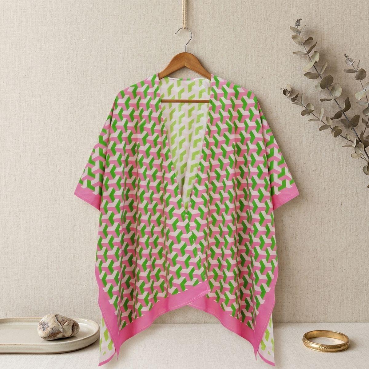 Kimono Pink Green Block Print AKA Women