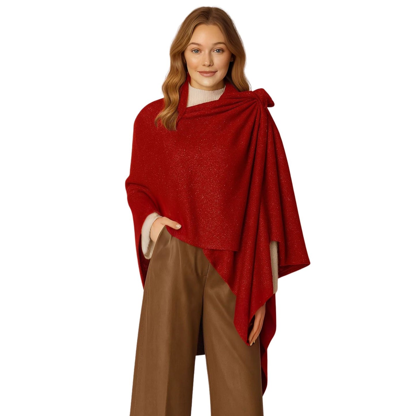 Ruana One Shoulder Red Lurex Scarf Wrap for Women