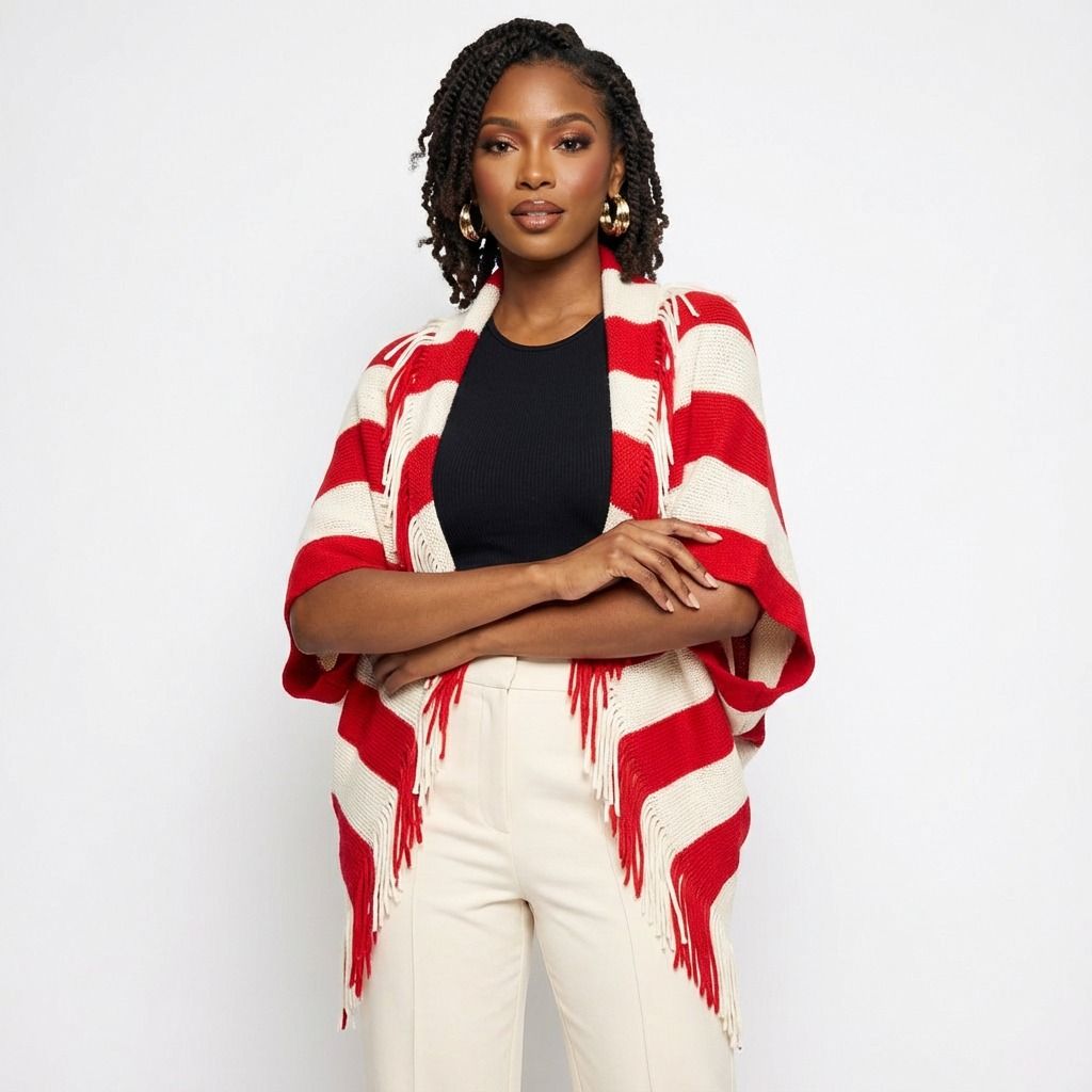 DST Red and Cream Stripe Fringe Cocoon Cardigan