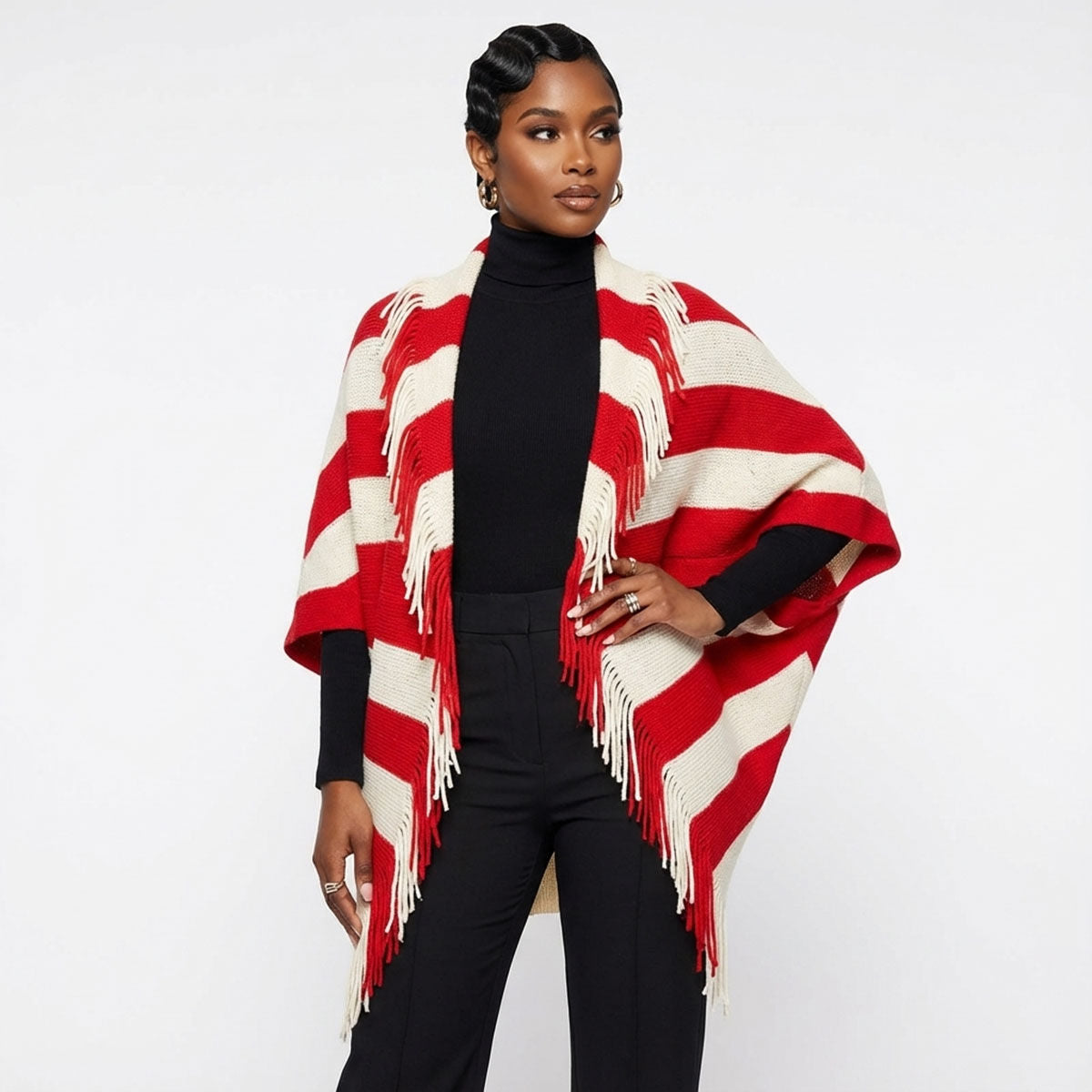 DST Red and Cream Stripe Fringe Cocoon Cardigan