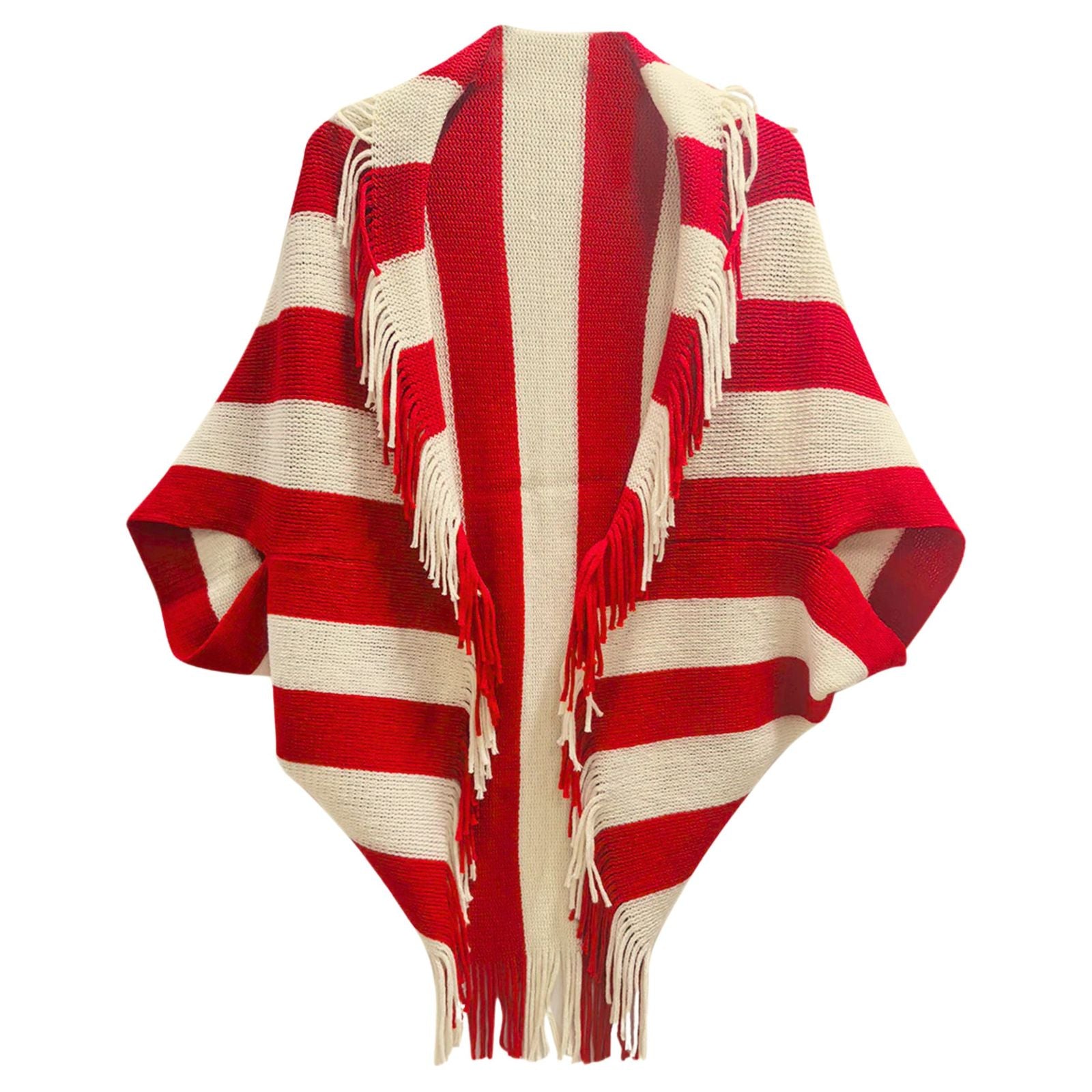 DST Red and Cream Stripe Fringe Cocoon Cardigan