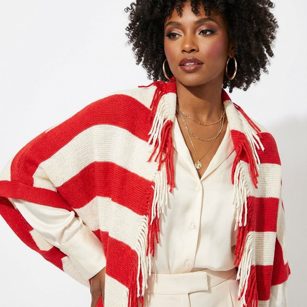 DST Red and Cream Stripe Fringe Cocoon Cardigan