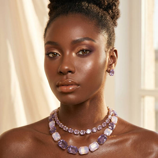 Lavender Emerald Cut Crystal 2 Row Necklace Set