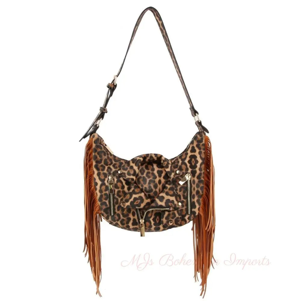 Leopard Moto Fringe Shoulder Bag
