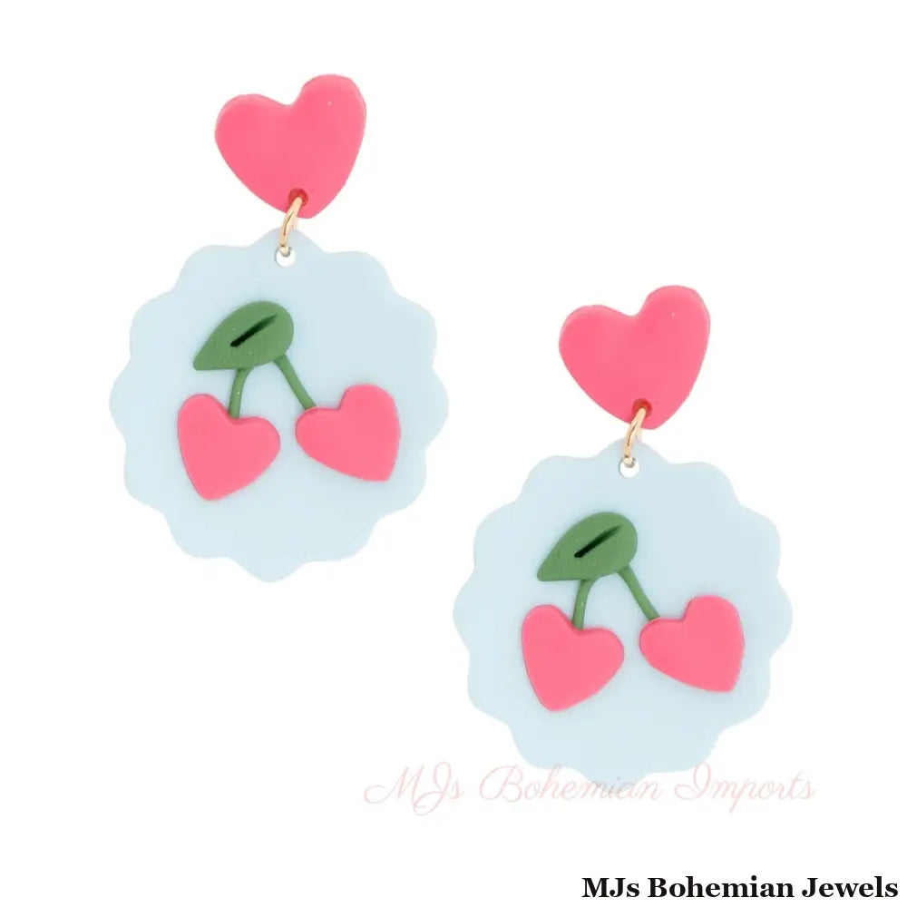 Light Blue and Pink Clay Cherry Earrings