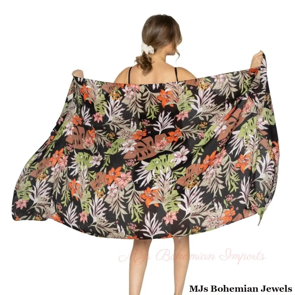 Long Black Palm Leaf Print Scarf