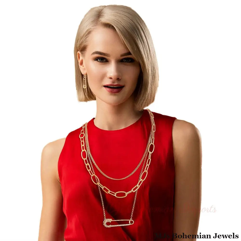 Long Layered Gold Chain Pin Necklace