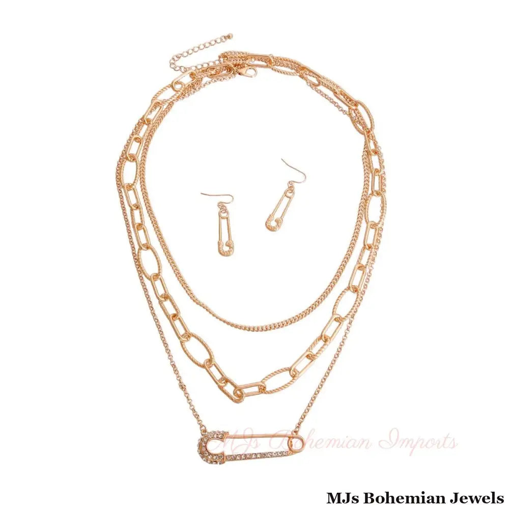 Long Layered Gold Chain Pin Necklace