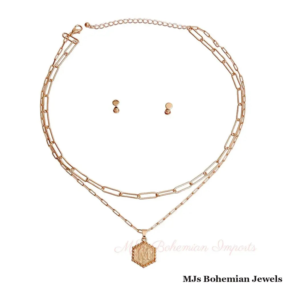 M Hexagon Initial Charm Necklace