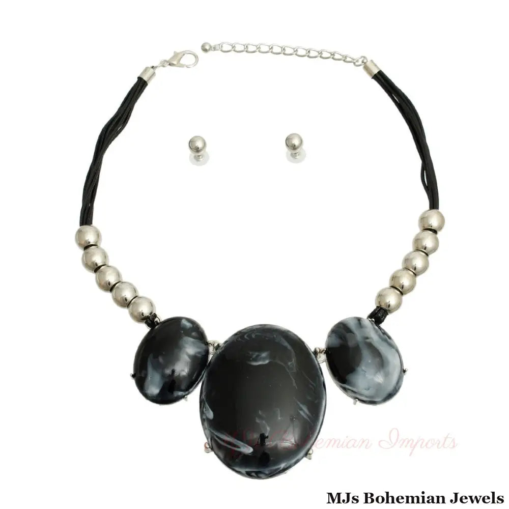 Marbled Black Oval Black Cord Necklace