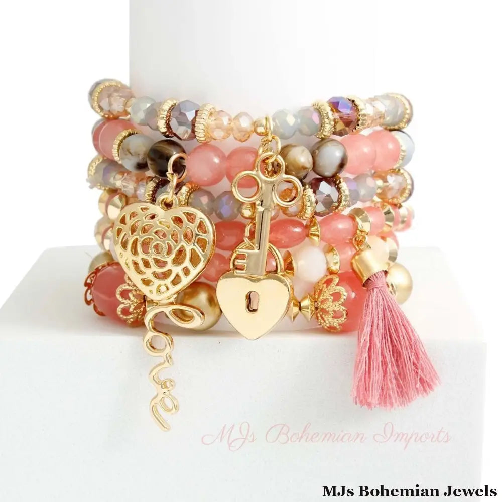 Mauve Glass Bead 6 Pcs Bracelets