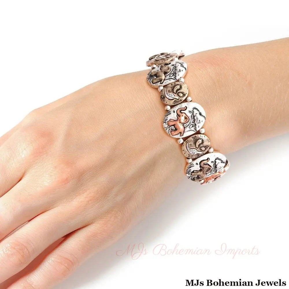 Mixed Metal Elephant Engraved Bracelet