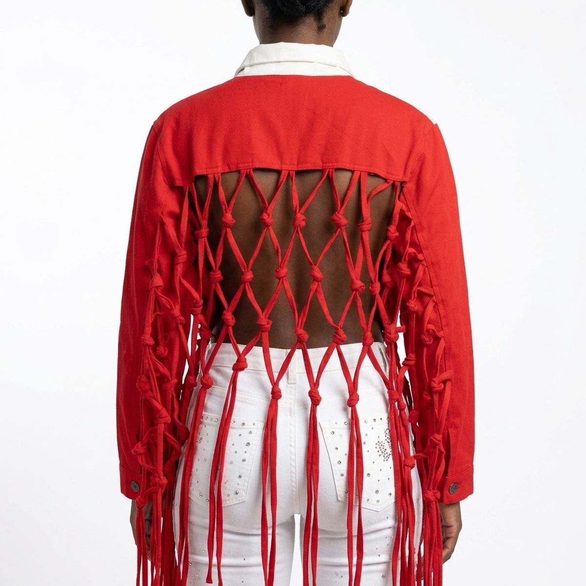DST Apparel 2XL Red White Denim Fringe Jacket
