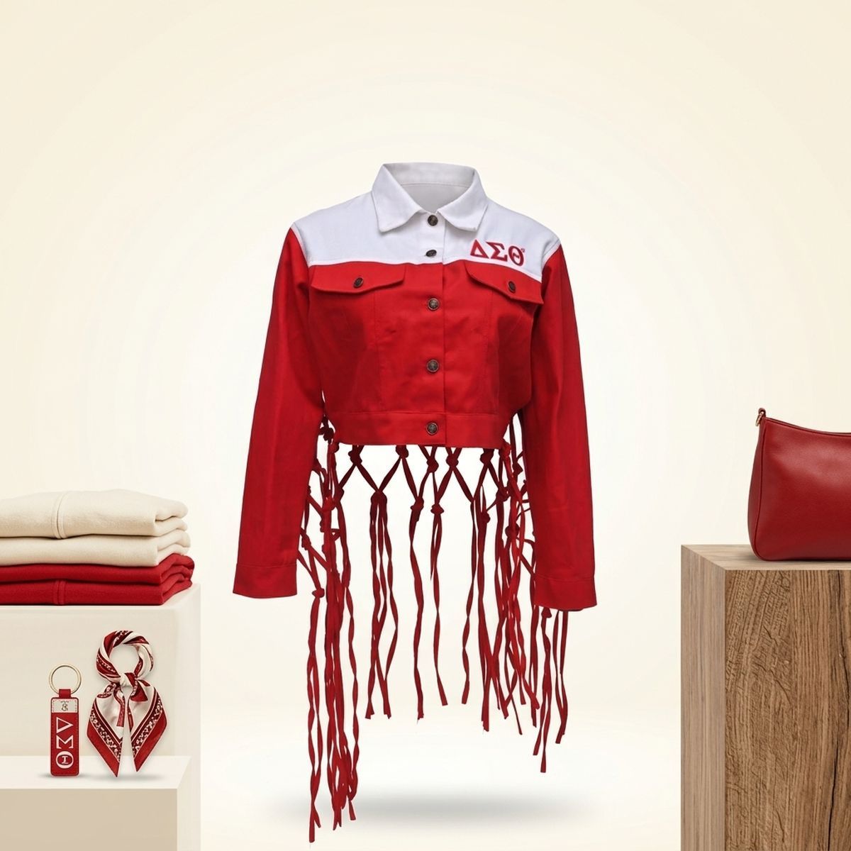 DST Apparel 2XL Red White Denim Fringe Jacket