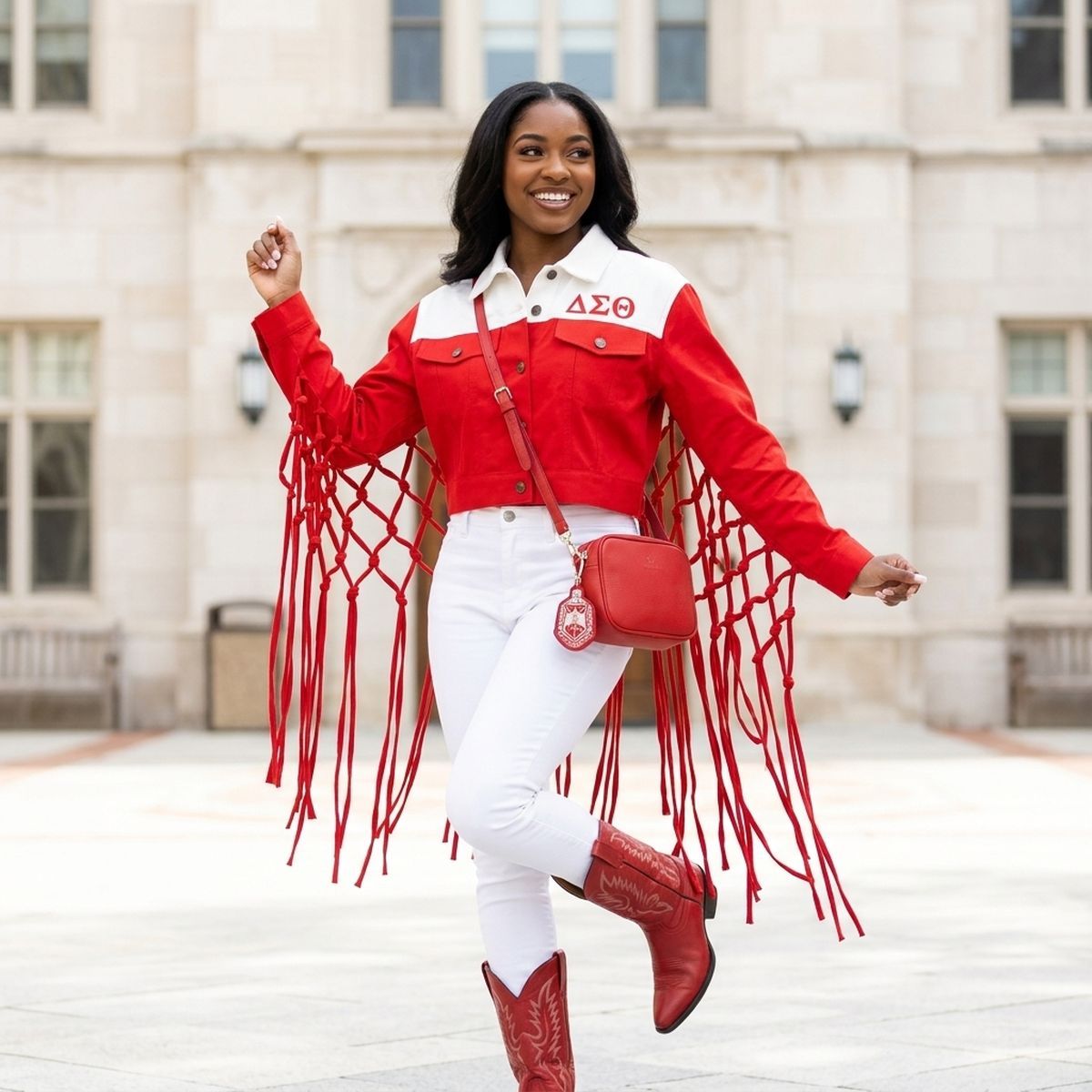 DST Apparel Medium Red White Denim Fringe Jacket