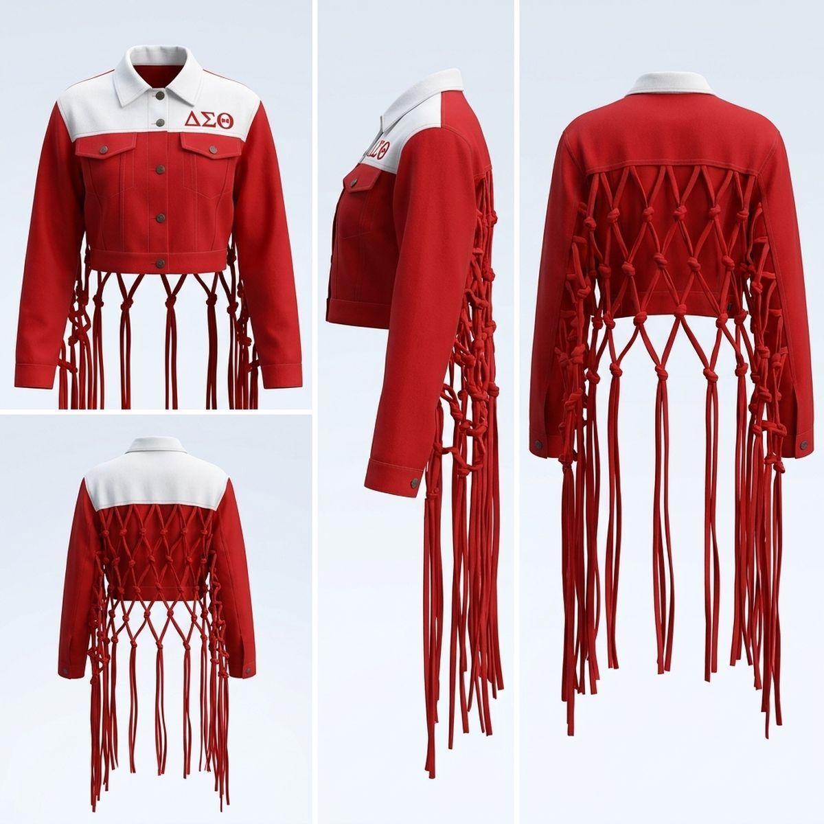 DST Apparel Small Red White Denim Fringe Jacket