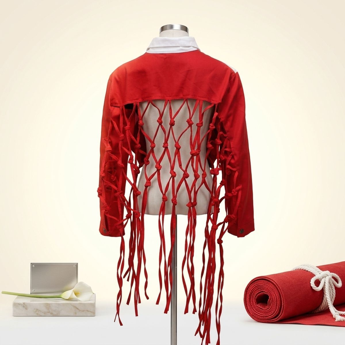 DST Apparel Small Red White Denim Fringe Jacket