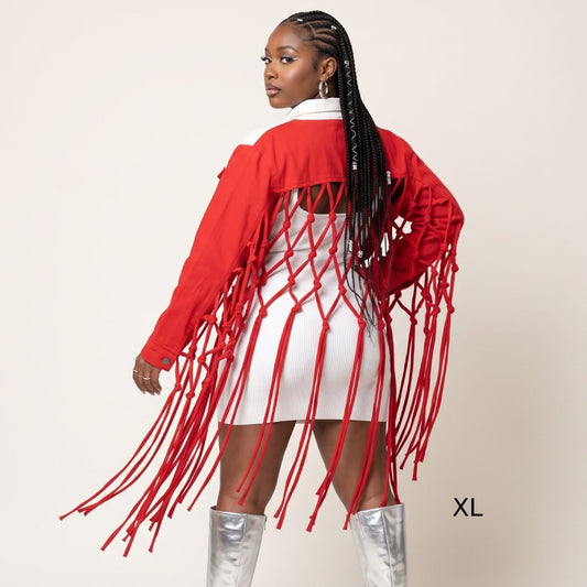 DST Apparel XLarge Red White Denim Fringe Jacket