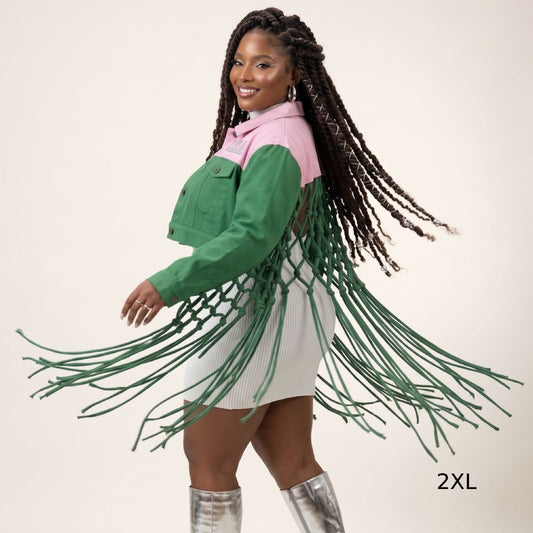 AKA Apparel 2XL Pink Green Denim Fringe Jacket