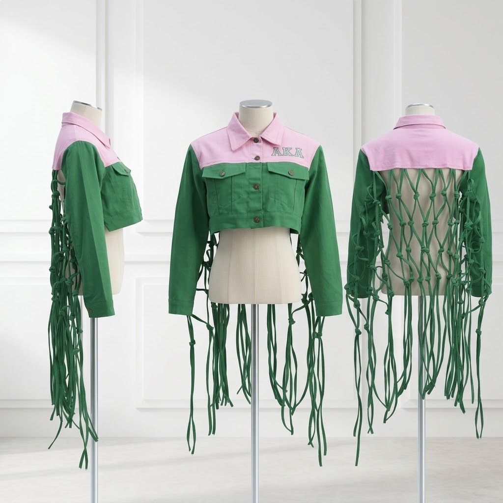 AKA Apparel Large Pink Green Denim Fringe Jacket