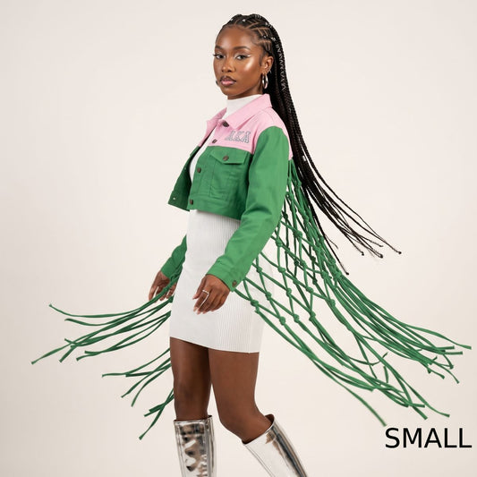 AKA Apparel Small Pink Green Denim Fringe Jacket