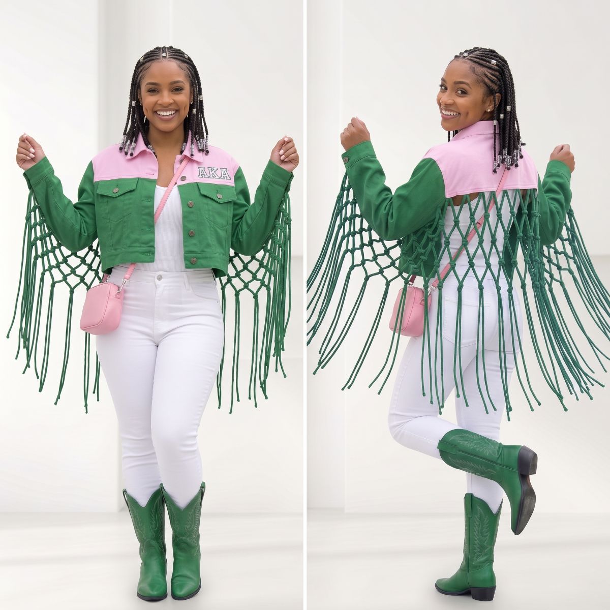 AKA Apparel XLarge Pink Green Denim Fringe Jacket