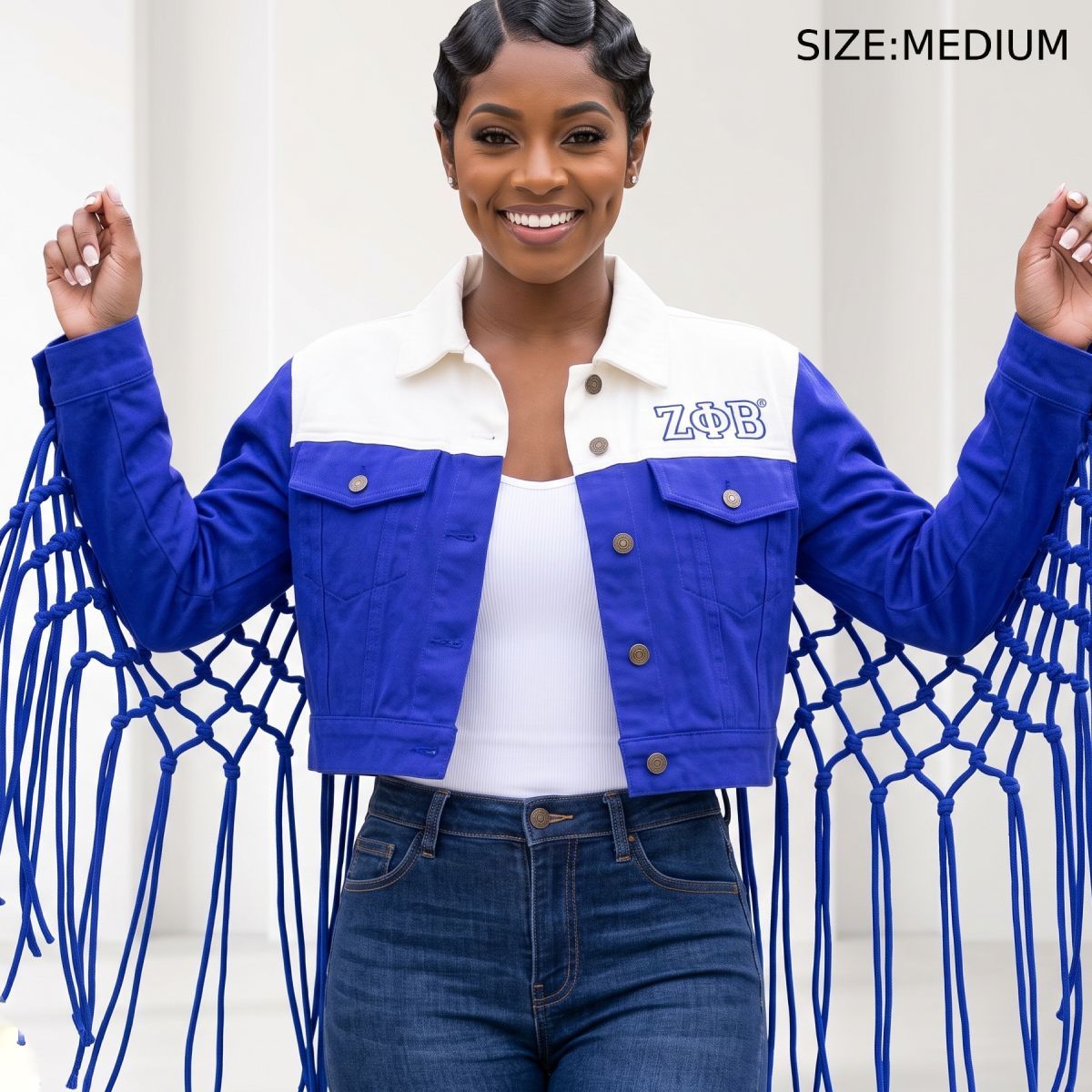 ZPB Apparel Medium Blue White Denim Fringe Jacket