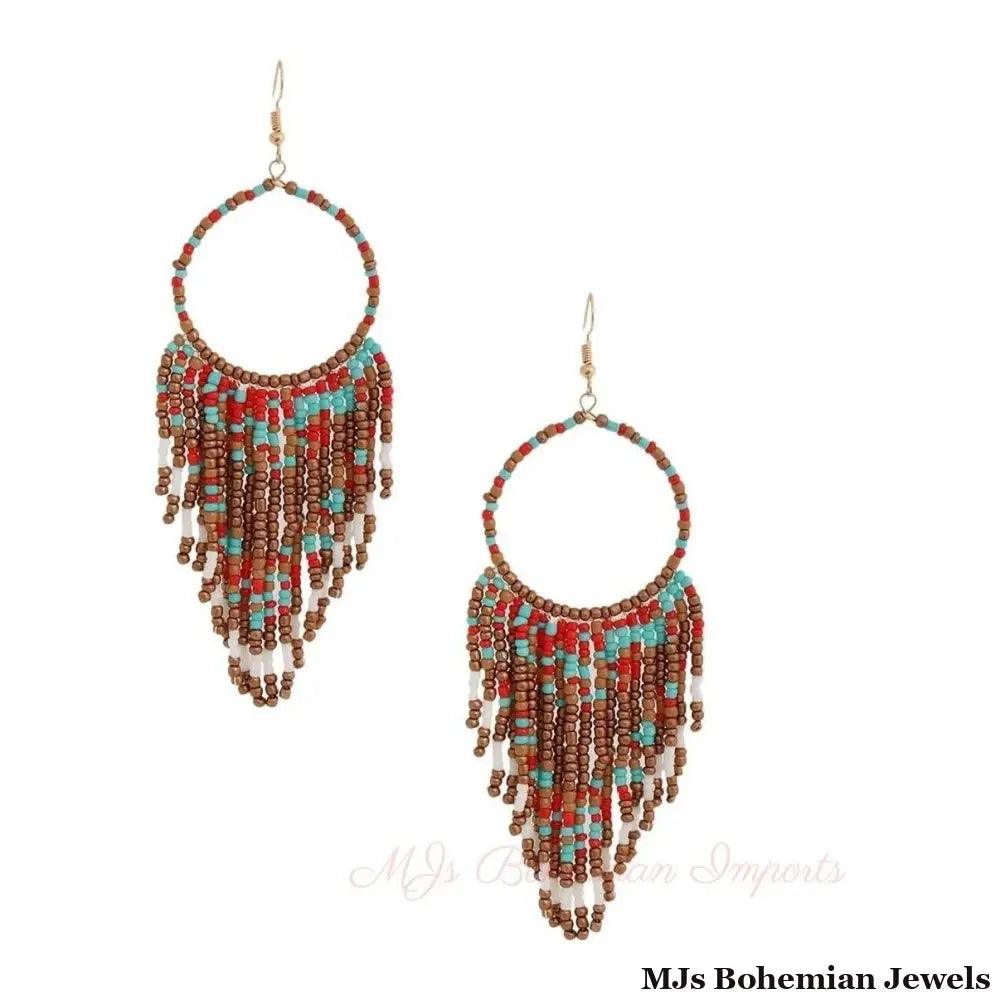 Multi and Gold Bead Fringe Circle Earrings