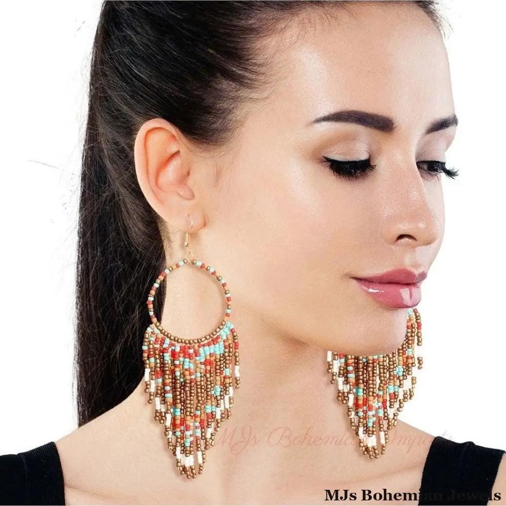 Multi and Gold Bead Fringe Circle Earrings