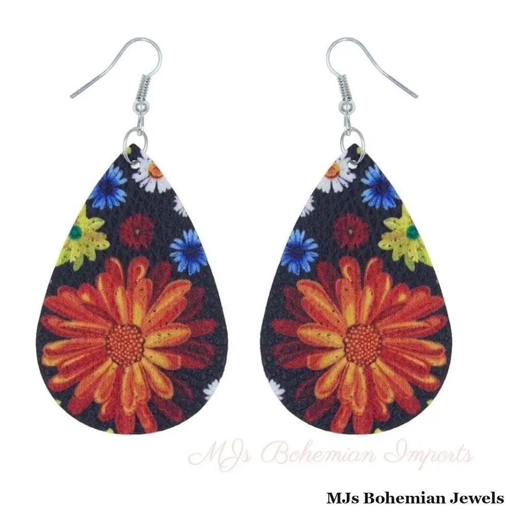 Multi Color Daisy Printed Teardrop Earrings