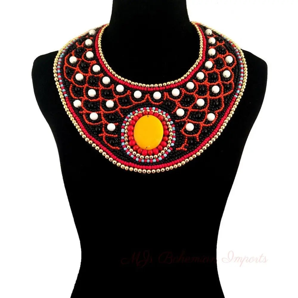 Multi Color Embroidered Bib Necklace Set