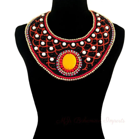 Multi Color Embroidered Bib Necklace Set