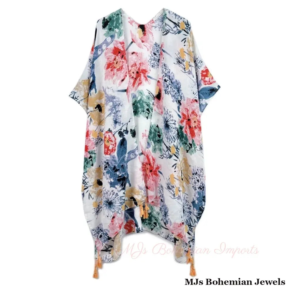 Multi Color Floral Print Tassel Kimono